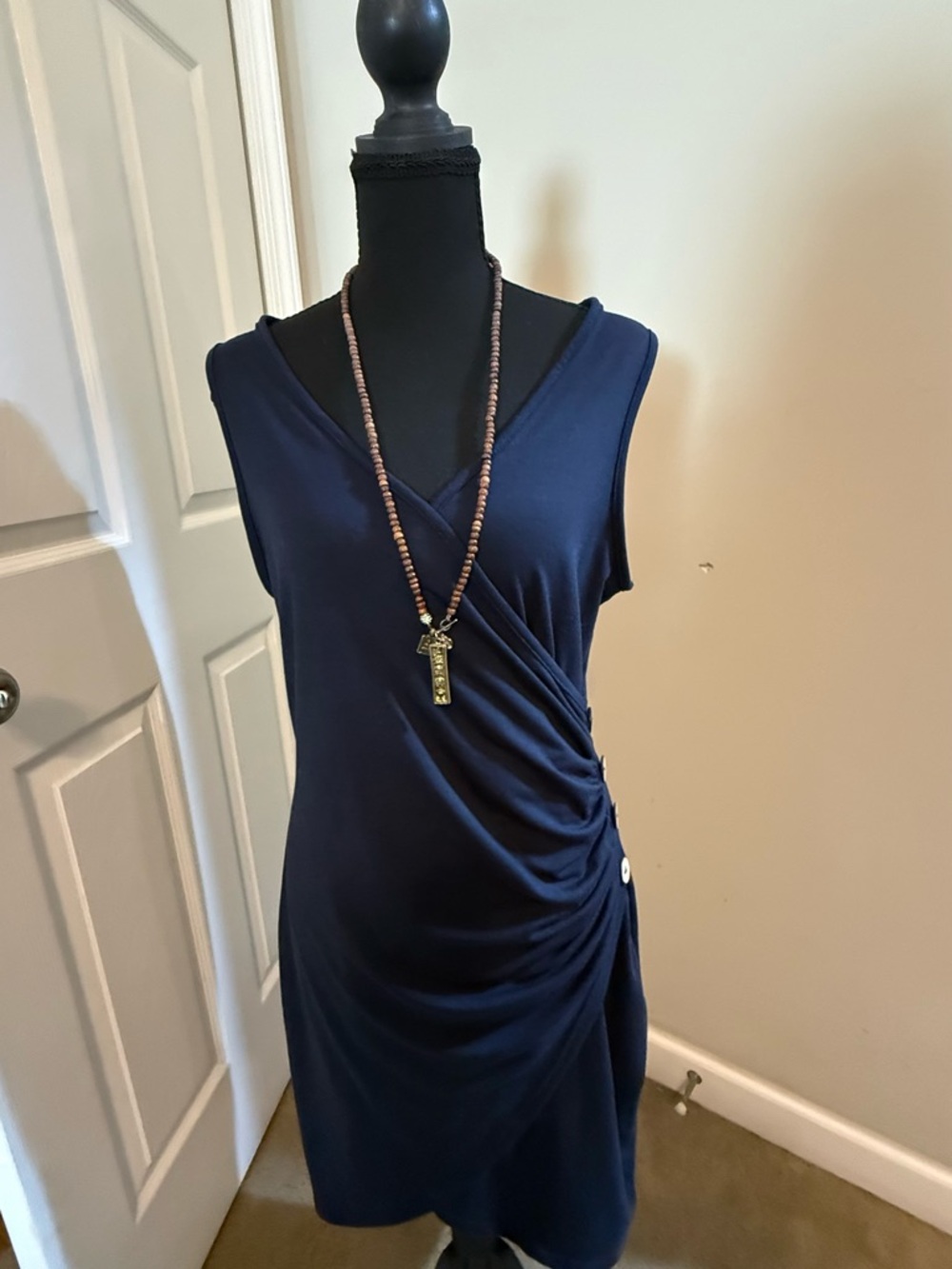 Navy Sleeveless Faux-Wrap Ruched Dress
